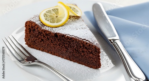 Delicious Chocolate Cake Slice with Lemon and Powdered Sugar.