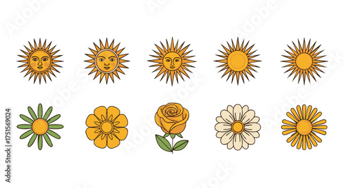 Retro Summer Sun & Flower Power Vector Icons