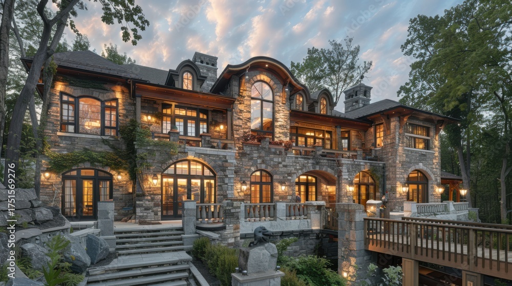 Fototapeta premium Majestic stone castle house with grand arched windows and a wooden drawbridge 