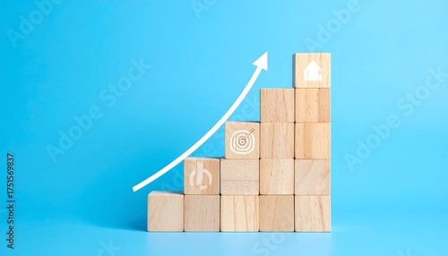 Wooden blocks form a rising staircase, marked with upward arrow and target/home icons