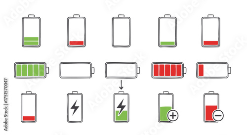 Set of battery charge indicators showing different levels of power from full to empty
