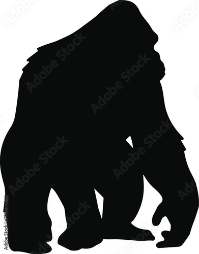 Black gorilla silhouette in crouching posture, muscular primate icon representing strength, wildlife, jungle animal, and nature-themed design