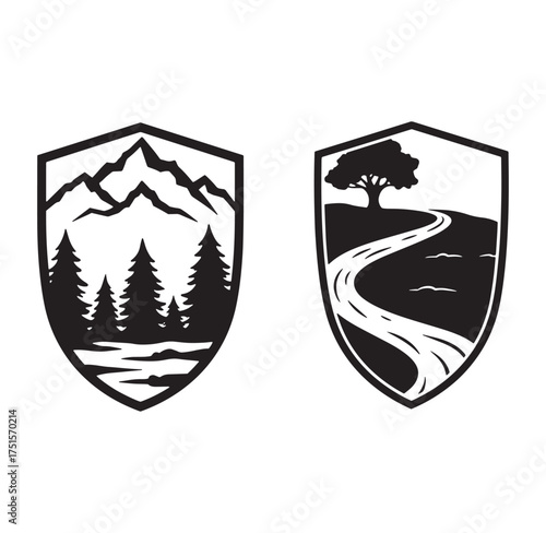 Illustrated emblems of mountains trees and a road scene inside shield shaped frames in black and white