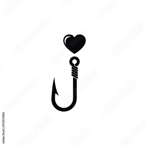 Black heart on fishing hook icon love