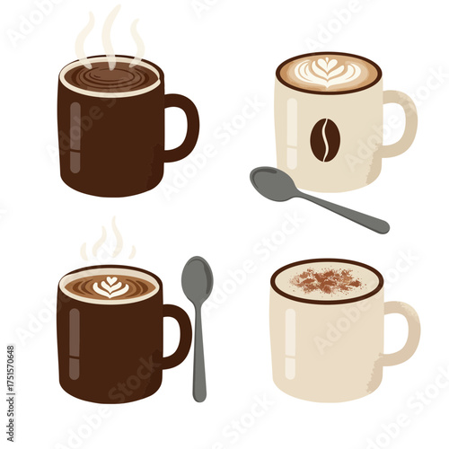 Hot espresso and cappuccino coffee cups, delicious morning drink concept for cafe and barista lifestyle illustration