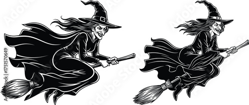 Two spooky and ugly witches flying on brooms for halloween or fantasy designs