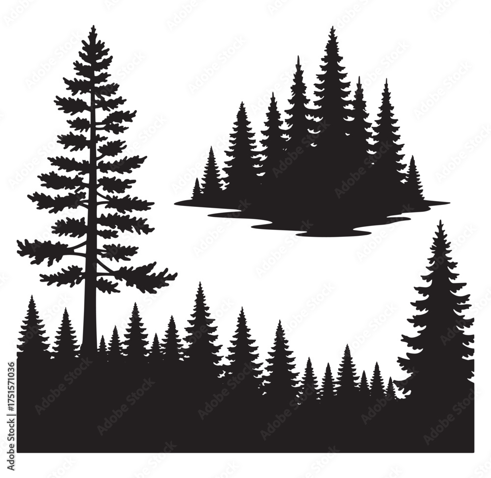Fototapeta premium Silhouette collection of various pine trees and forest landscapes in black and white