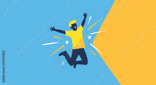 Vibrant vector illustration of a cheerful person leaping with enthusiasm, celebrating success and happiness, conveying triumph and positive energy in a dynamic flat design