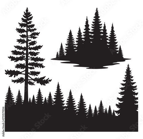 Silhouette collection of various pine trees and forest landscapes in black and white