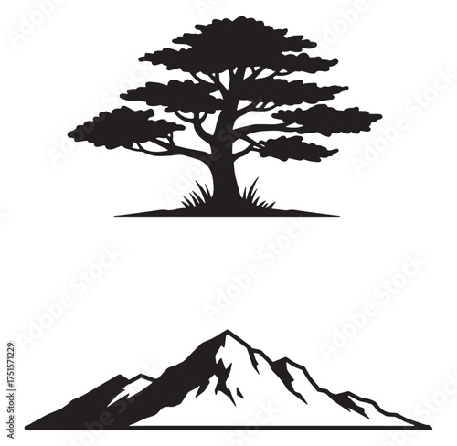 Silhouette illustrations of a majestic tree and mountain range representing nature elements