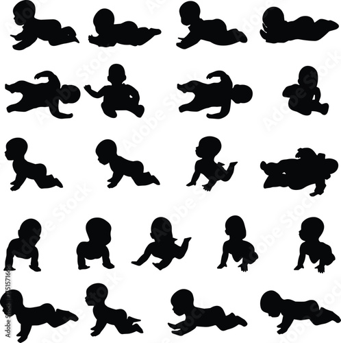 Black silhouette icons of crawling babies in various poses showing early motor development and movement for infant-themed design