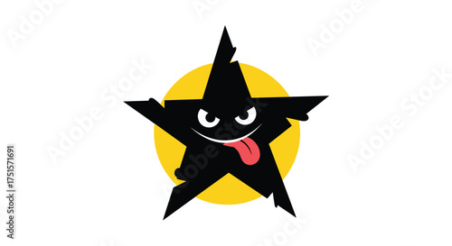 A silly black star with a yellow circle behind it and a funny face showing its tongue.