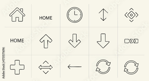 Collection of essential user interface outline icons for web and mobile. Includes home, arrow, clock, refresh, and navigation symbols