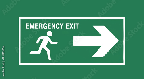 Bright green emergency exit sign featuring a clear white running person icon and an arrow indicating the evacuation route, providing essential safety information for quick egress