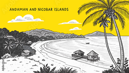 Detailed Pencil Sketch of Andaman and Nicobar Islands Landscape with Cellular Jail, Ross Island, Radhanagar Beach, and Tropical Scenery for Tourism Promotion