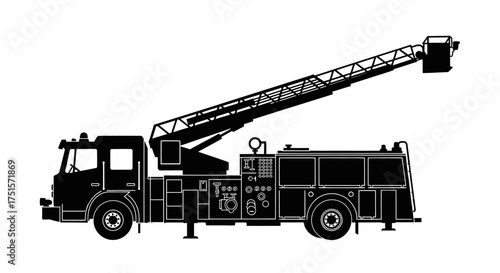 Powerful fire truck silhouette with a tall extended ladder for firefighting and emergency rescue operations