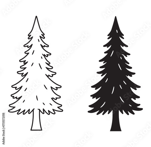 Simple black and white vector illustrations of two pine trees for design and decoration