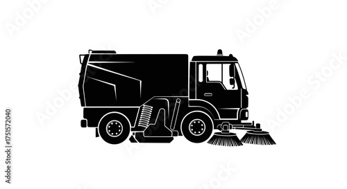 Dynamic black silhouette of a modern street sweeper truck engaged in routine urban cleaning and maintenance