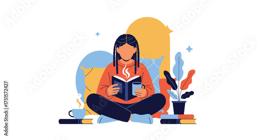 A person sitting cross-legged engrossed in a book with a hot beverage nearby in a cozy environment surrounded by artistic elements.