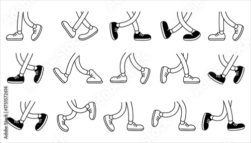 Walking Legs Animation Frames, Human Walk Cycle Vector Illustration, Step Motion Silhouette Set, Walking Pose Vector Set, Human Legs Step Sequence, Cartoon Walk Cycle Outline Illustration,.
