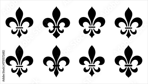 Fleur de Lis Vector Set, Royal Heraldic Symbol Silhouette, French Lily Emblem Icons Collection, Classic Fleur de Lis Icons, French Royal Symbol Vector Silhouette Set, Elegant Heraldry Design Element.