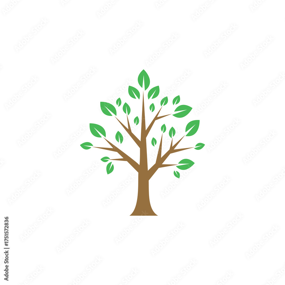 Fototapeta premium Stylized tree illustration with a brown trunk and vibrant green leaves on a white background.