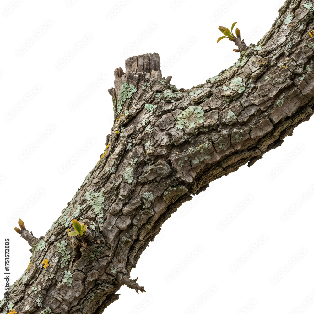 Obraz premium Close up of a textured tree branch isolated on transparent background