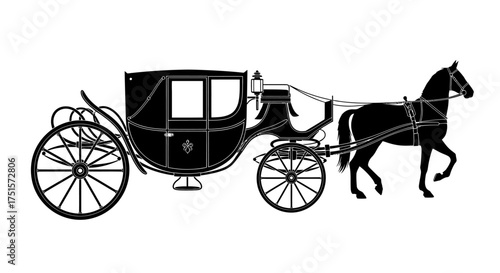 Ornate black vector silhouette of an elegant horse-drawn royal carriage for fairytale and historical themes