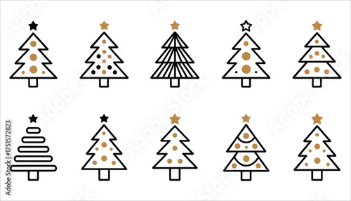 Christmas Tree Vector Set, Holiday Decoration Icons, Minimal Xmas Line Art Illustration, Christmas Tree Icons, Minimal Holiday Vector Illustration, Modern New Year Decoration Design.