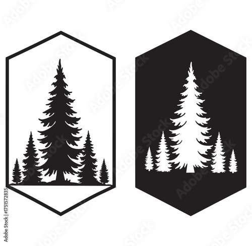 Two black and white silhouetted pine tree forest designs in hexagon frames