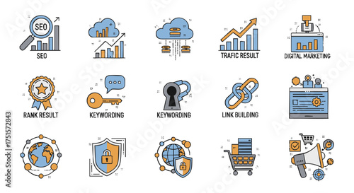 Modern vector icon collection depicting essential concepts in search engine optimization, digital marketing, web analytics, and online business strategy for digital success