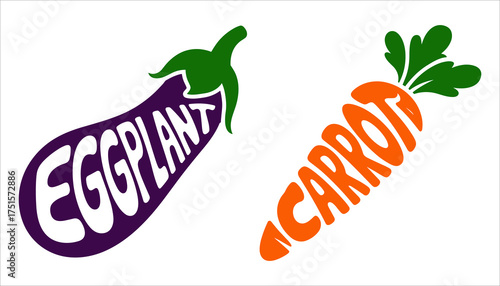 Vegetable Typography Vector, Carrot and Eggplant Word Art, Creative Food Lettering Illustration, Carrot and Eggplant Text Vector, Vegetable Word Design, Organic Food Typography Illustration.