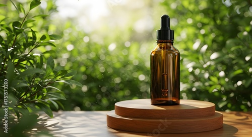 Wallpaper Mural Organic skincare concept with a dropper bottle on a wooden stand against a backdrop of fresh leaves and natural light Torontodigital.ca