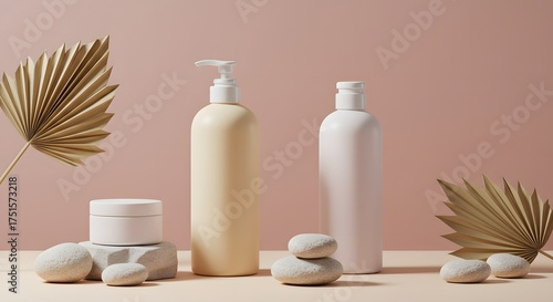 Minimalist skincare products with neutral tones and dried palm leaves for a natural aesthetic