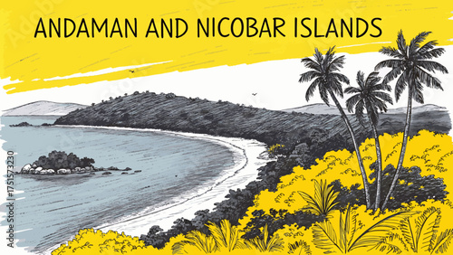 Detailed Pencil Sketch of Andaman and Nicobar Islands Landscape with Cellular Jail, Ross Island, Radhanagar Beach, and Tropical Scenery for Tourism Promotion