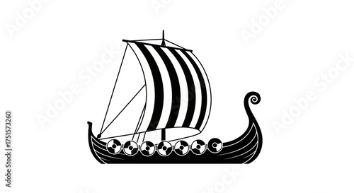 Historical silhouette of an ancient Viking longship, a drakkar, with its iconic sail on the open sea