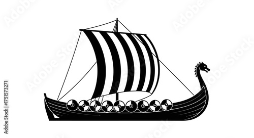 Ancient nautical silhouette of a traditional Viking longship with a distinctive sail and dragon figurehead