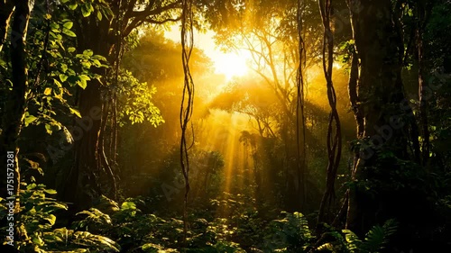 Sunlight Streaming Through Lush Green Forest, Tropical Environment