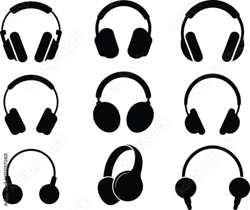 Black silhouette icons of various headphone styles including over-ear, minimalist, and compact designs in 3x3 grid layout