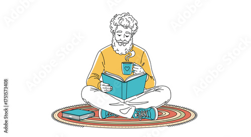 A person is sitting cross legged on a rug with a book and a mug.