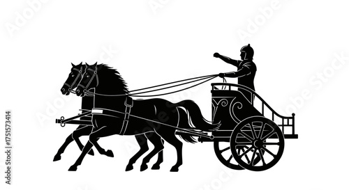 Iconic silhouette of a classical Roman war chariot being drawn by two powerful, galloping war horses