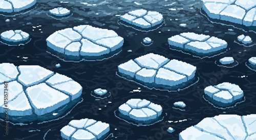 Pixelated illustration of ice floes floating on a dark, textured water surface.