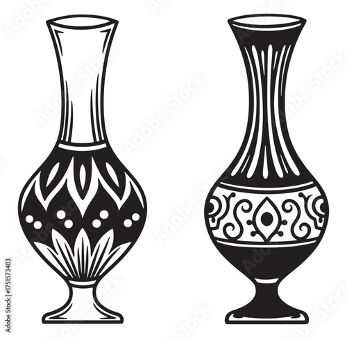 Two elegant black and white decorative vases with intricate floral ornament designs