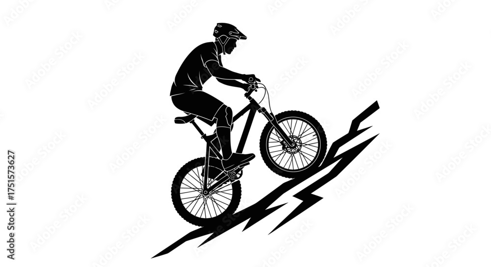 Fototapeta premium Dynamic action silhouette of a mountain unicycle rider navigating a challenging and rocky off-road trail