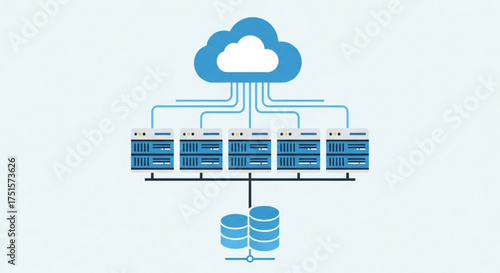 Cloud computing network with servers and databases connected to a cloud, representing data storage, processing, and accessibility from anywhere