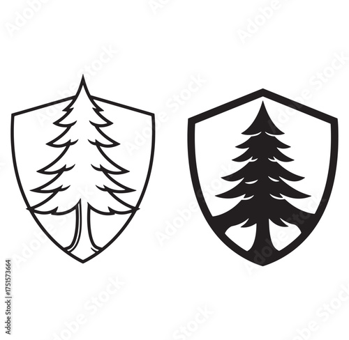 Two minimalist evergreen tree designs inside a shield shape for logos and emblems