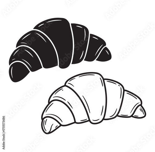 Two hand drawn black and white croissant illustrations isolated on a white background