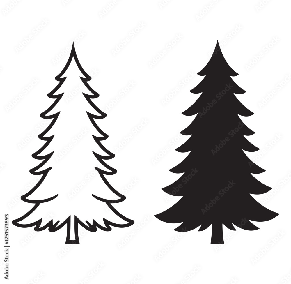 Obraz premium Two simple black and white christmas tree silhouette vector illustrations on white background