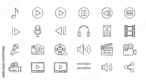 Thin line multimedia icon set for audio, video, music, and film. Includes player controls and recording symbols