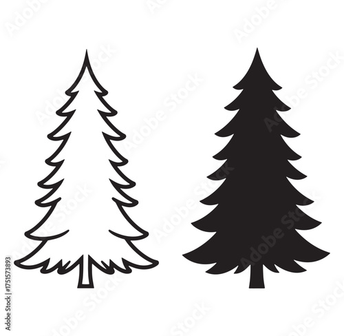 Two simple black and white christmas tree silhouette vector illustrations on white background